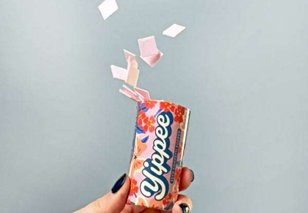 one hand holding a Modern Sprout Confetti Popper in the air with seed packets falling