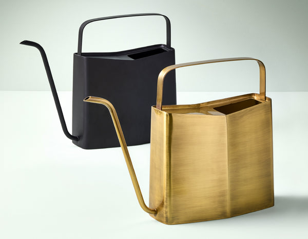 Two Modern Sprout Brass Watering Cans in matte black and gold brass with a light green background