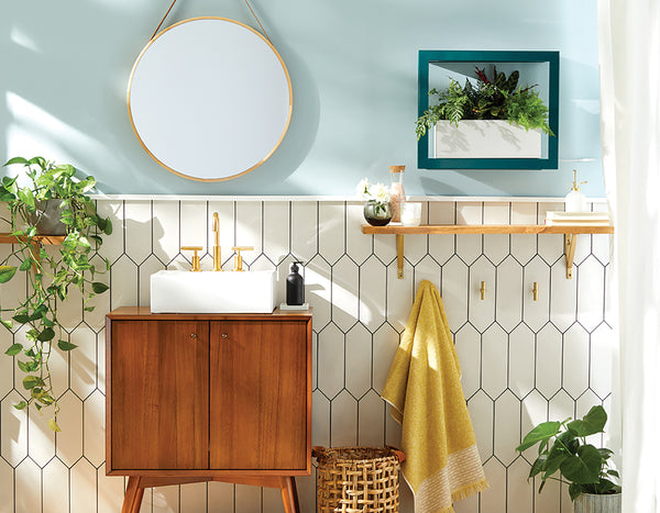 Mid-century modern master bath vanity and mirror with turquoise smart standard growframe