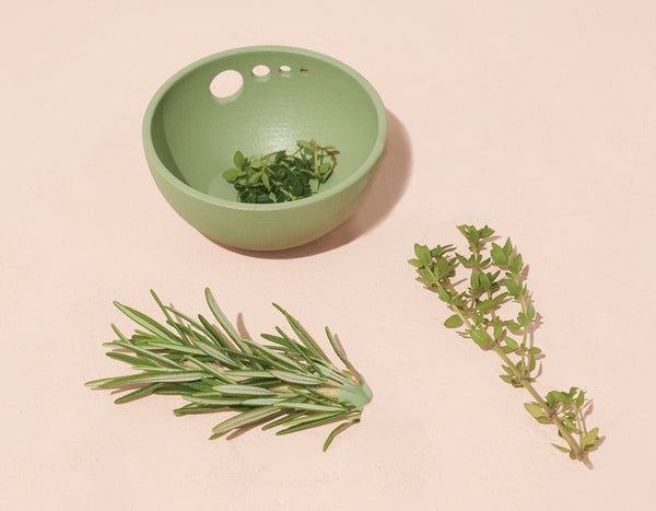 Modern Sprout Herb Pull & Pinch Dish with rosemary and thyme next to it with a light pink background