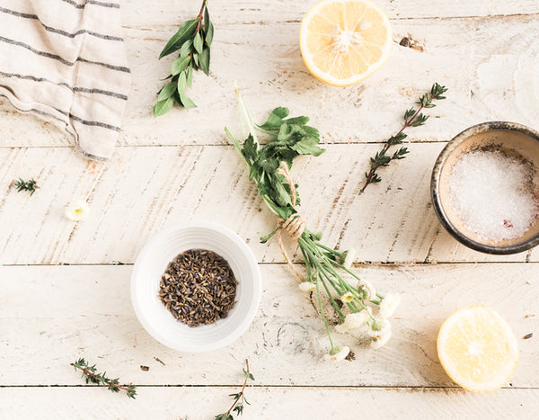 lemon and English lavender bunches on a cutting board