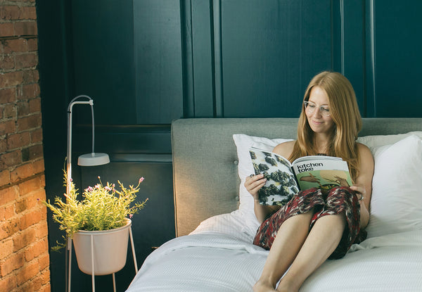 Woman reading a magazine bed next to a Modern Sprout Turmeric Uplift Planter