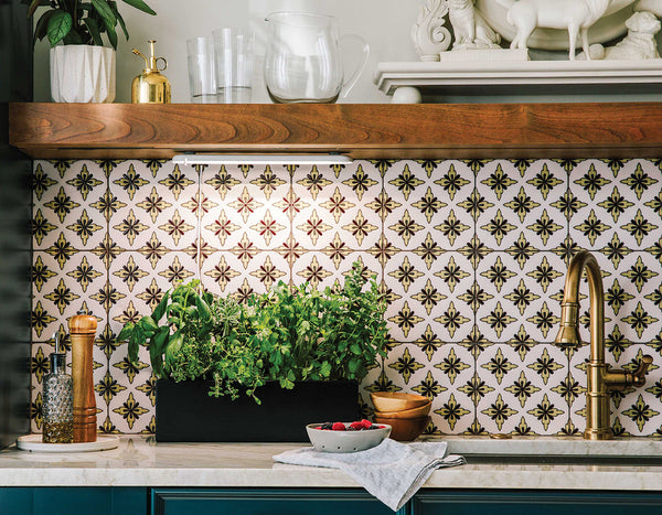 Modern Sprout growbar mounted below a kitchen shelf over a wooden planter with herbs