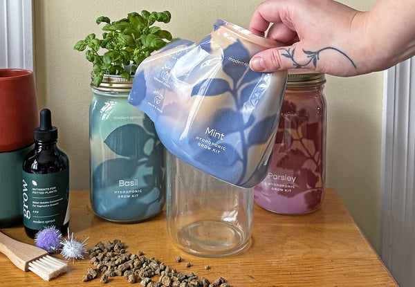 Modern Sprout Garden Jar with hand removing the label