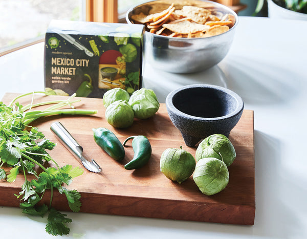 butcher block cutting board with guacamole ingredients on a counter top by window
