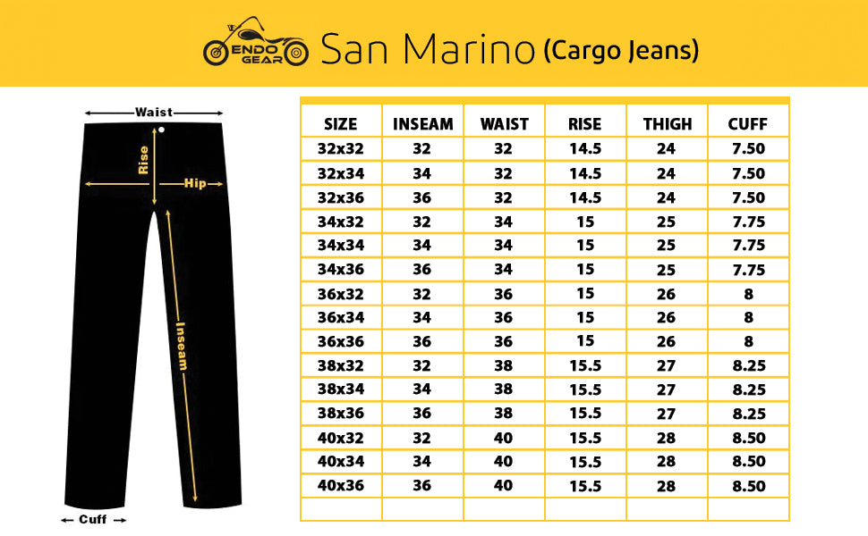 EndoGear Motorcycle Apparel Size guideline Chart