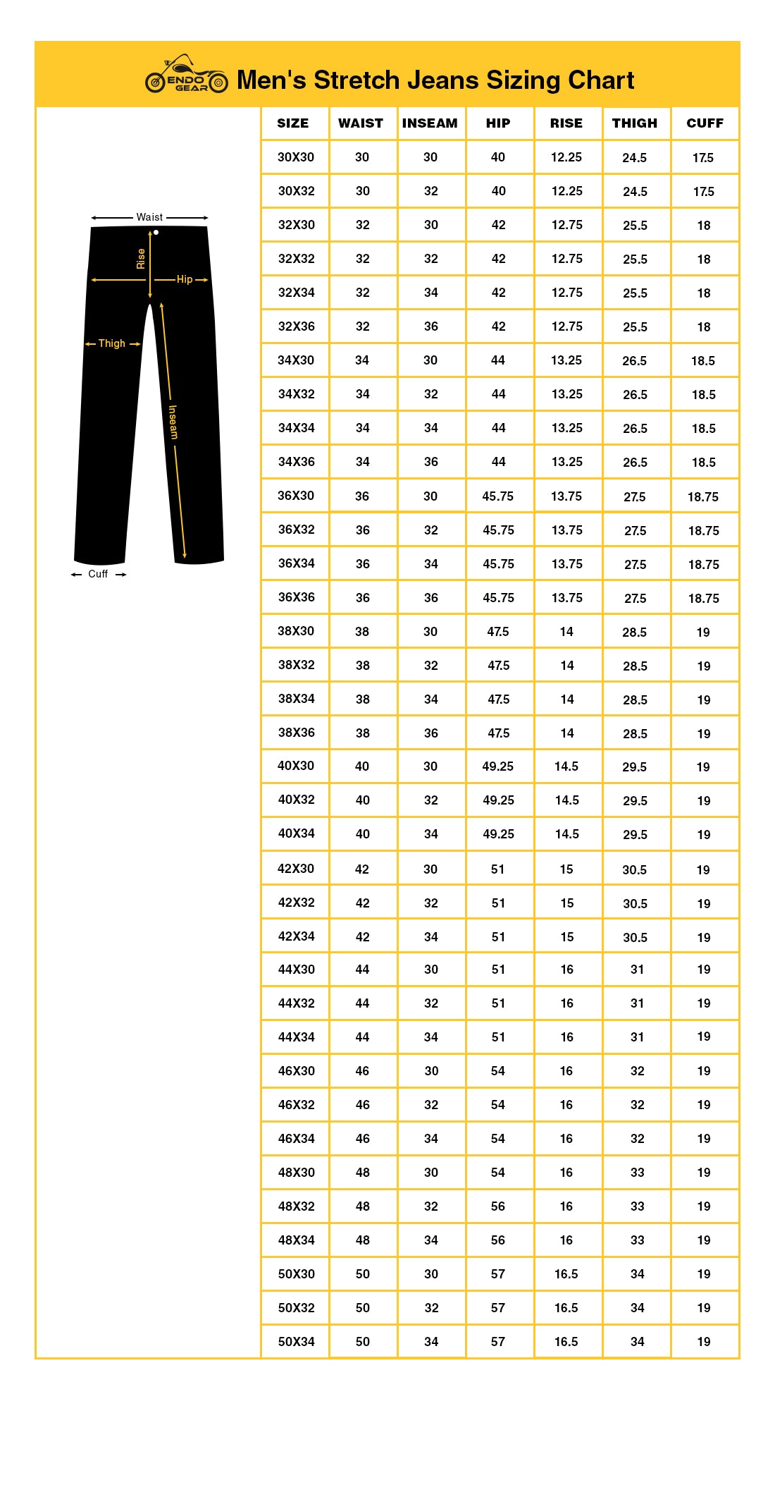 size chart pants mens