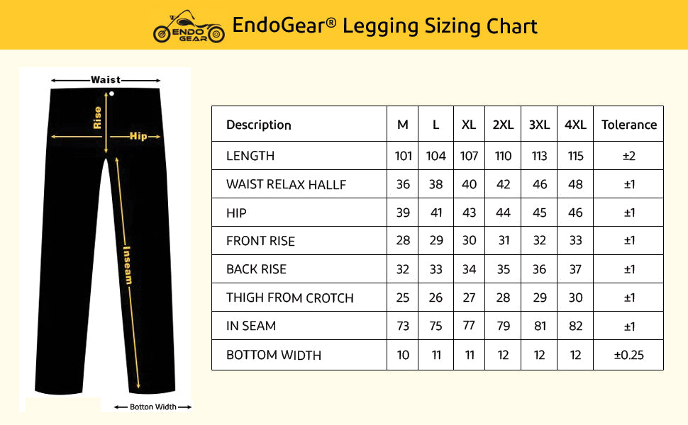 EndoGear Motorcycle Apparel Size guideline Chart