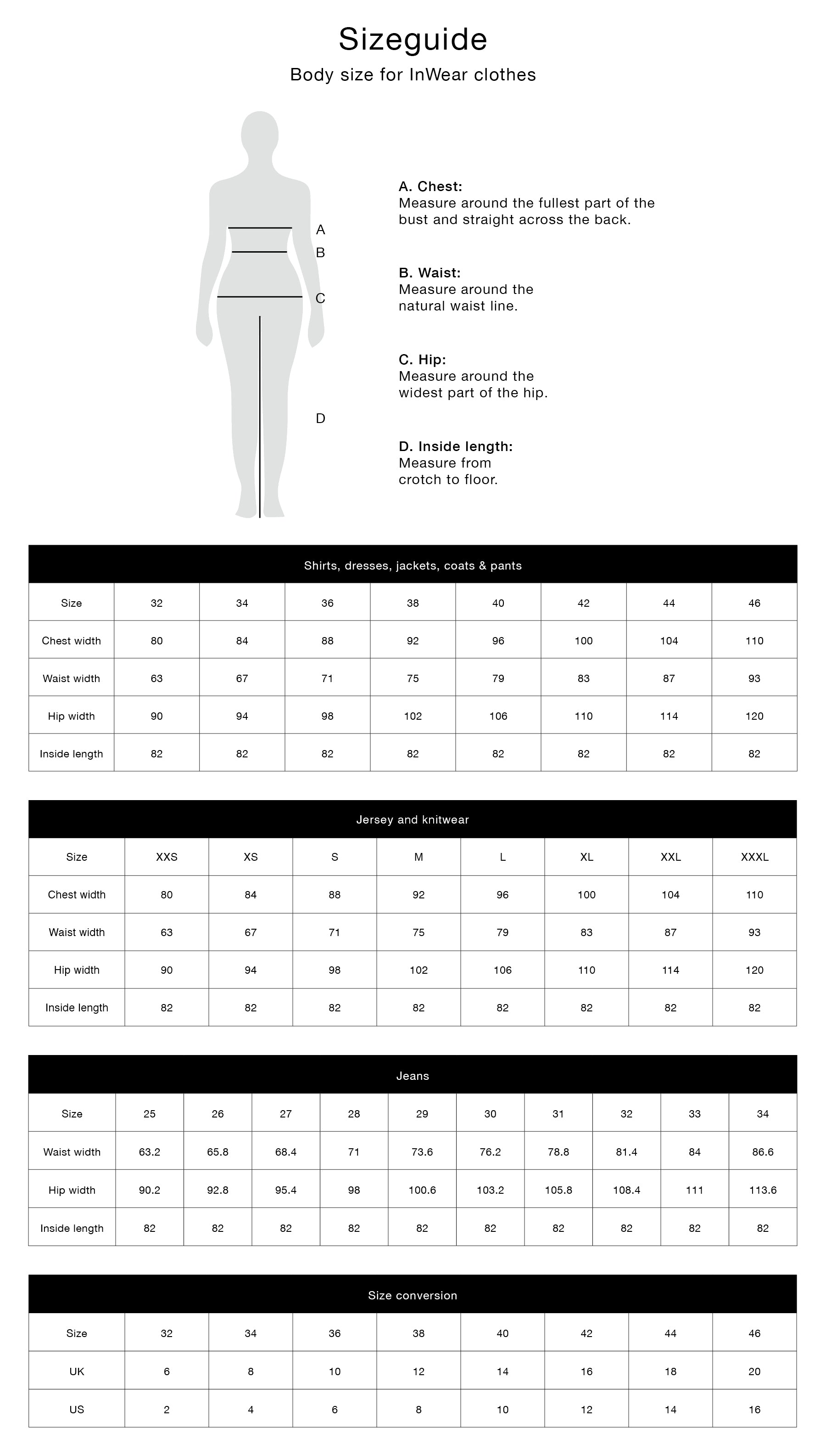 size guide inwear klær