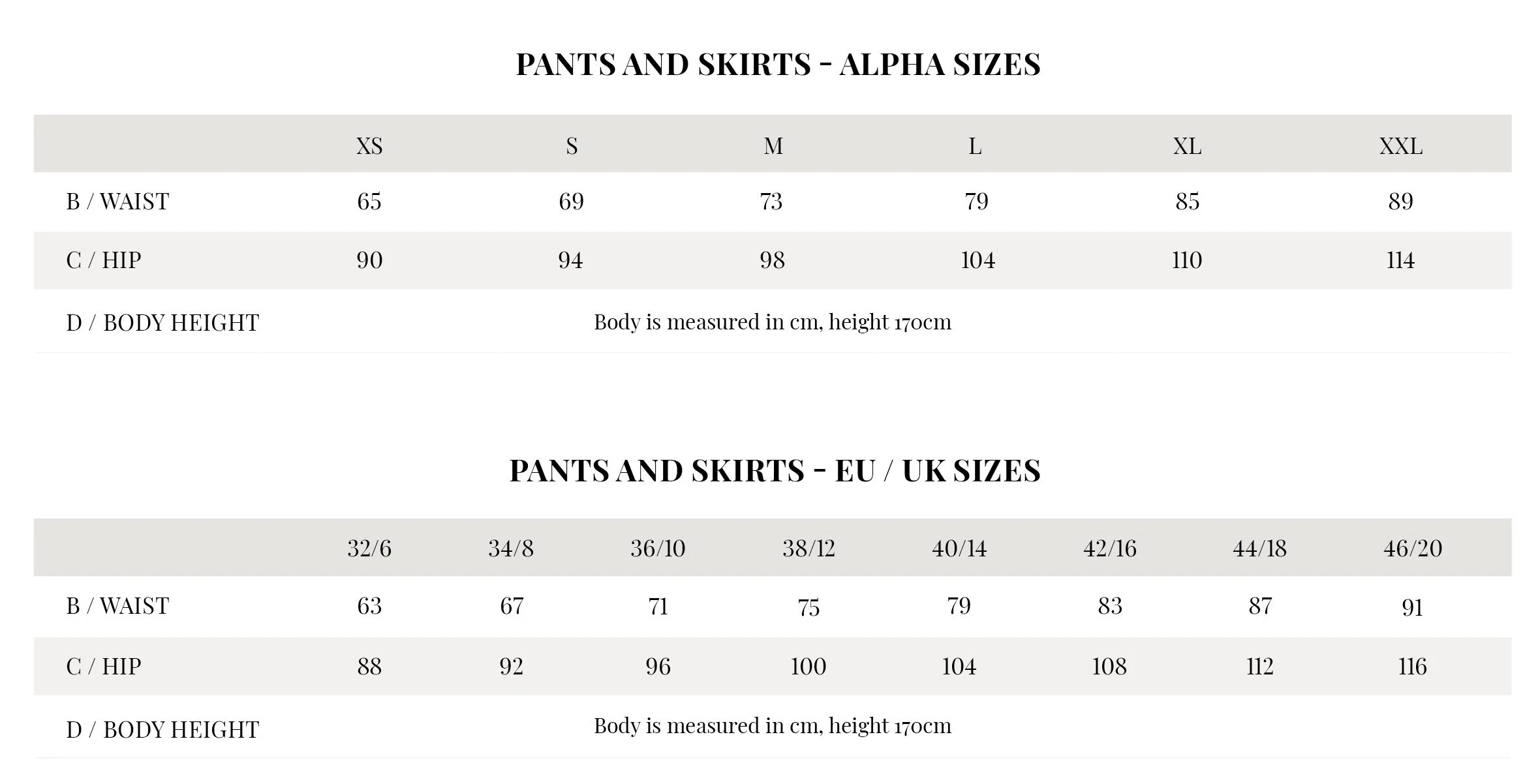 Size Guide Part Two buksr og skjørt