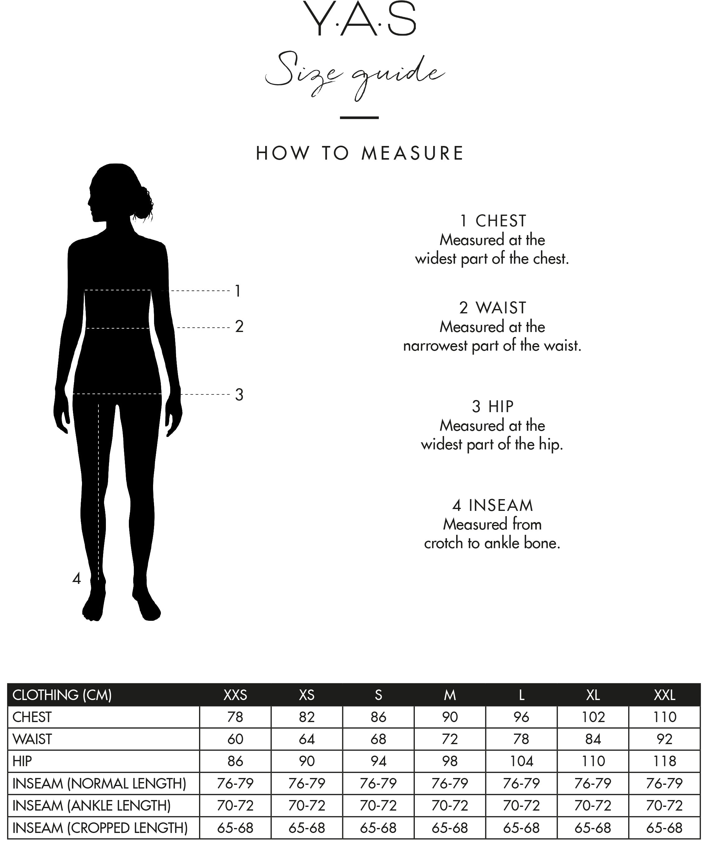 Size guide for YAS klær