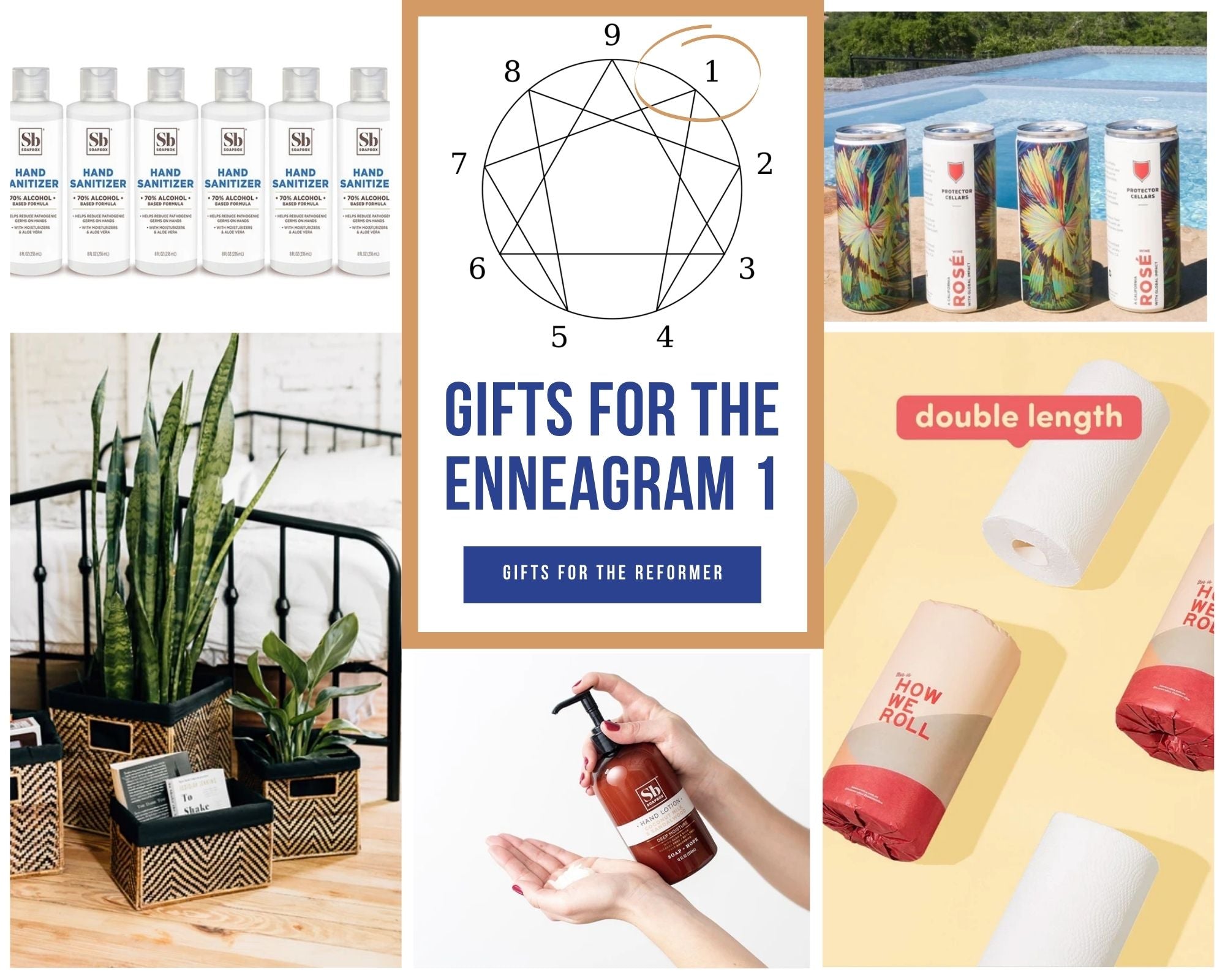 gifts for enneagram 1s with paper towels, wine, hand sanitizer, lotion, organizers