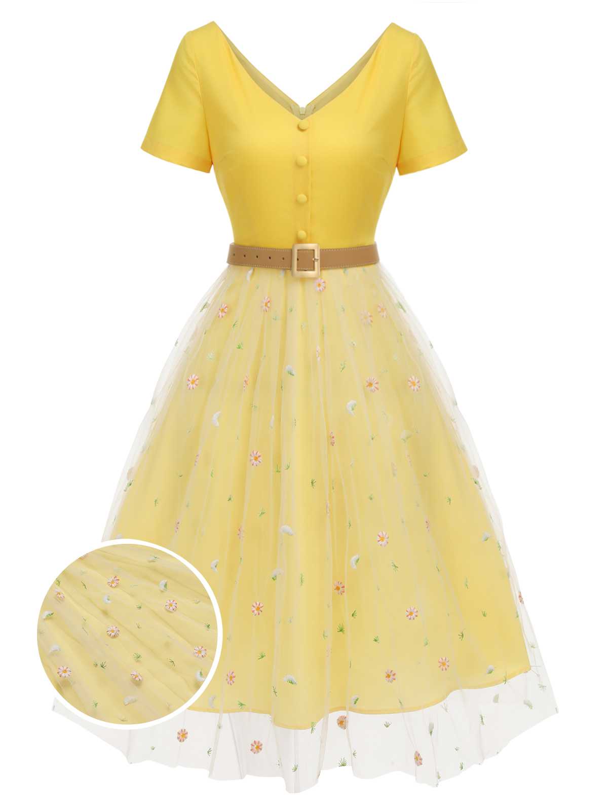 [Vorverkauf] Gelb 1950er V-Ausschnitt Daisy Mesh Kleid