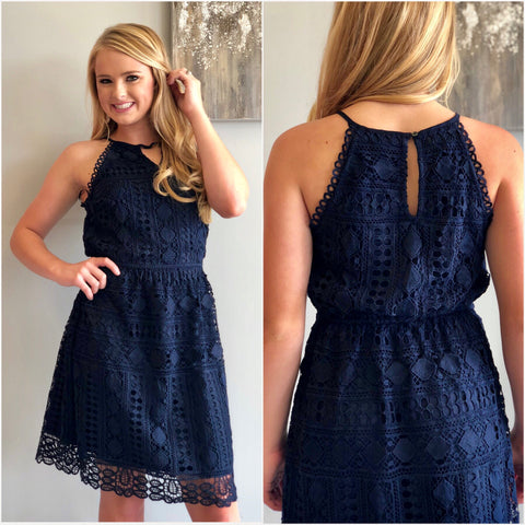navy blue lace mini dress