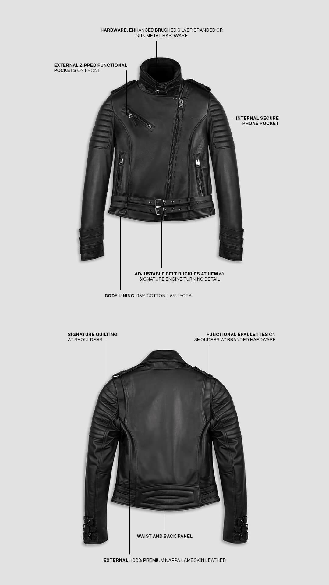 Jaws: Women's Gunmetal Leather Jacket with Buckles in Black | BODA SKINS