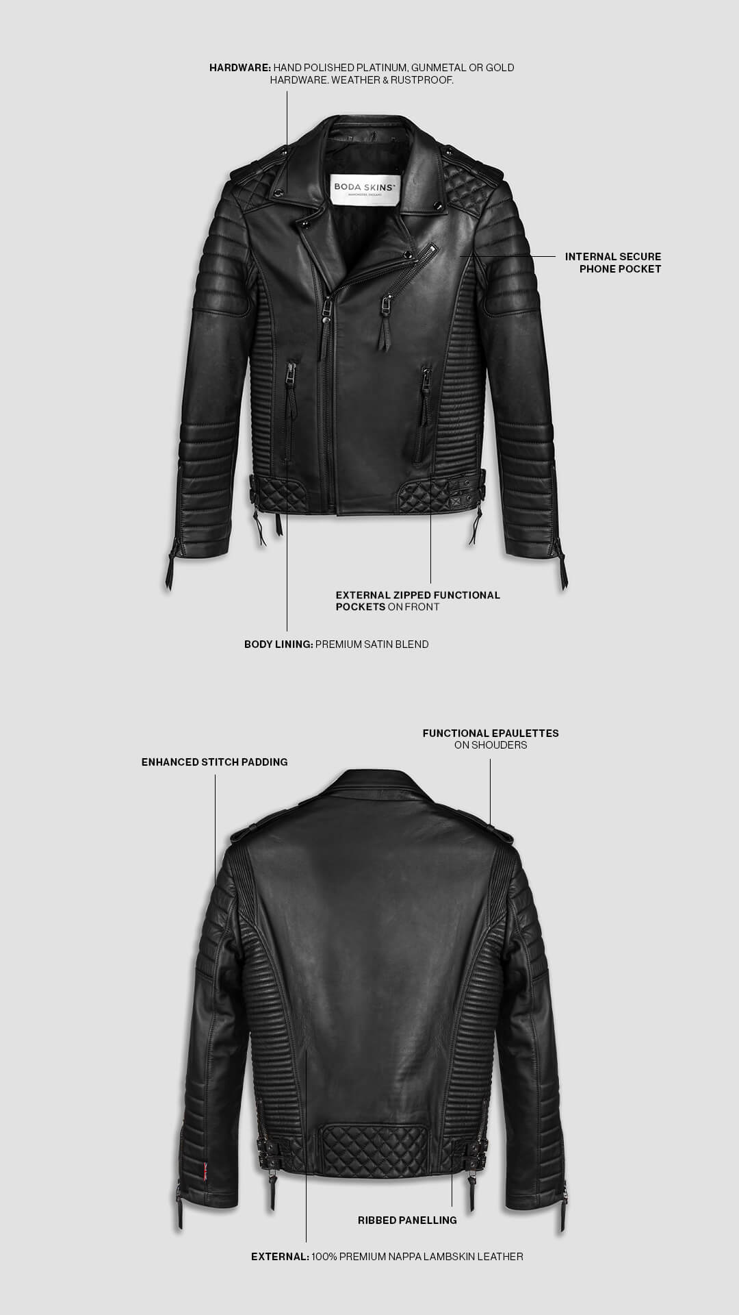 Men's Kay Michaels: Gunmetal Leather Jacket in Black | BODA SKINS