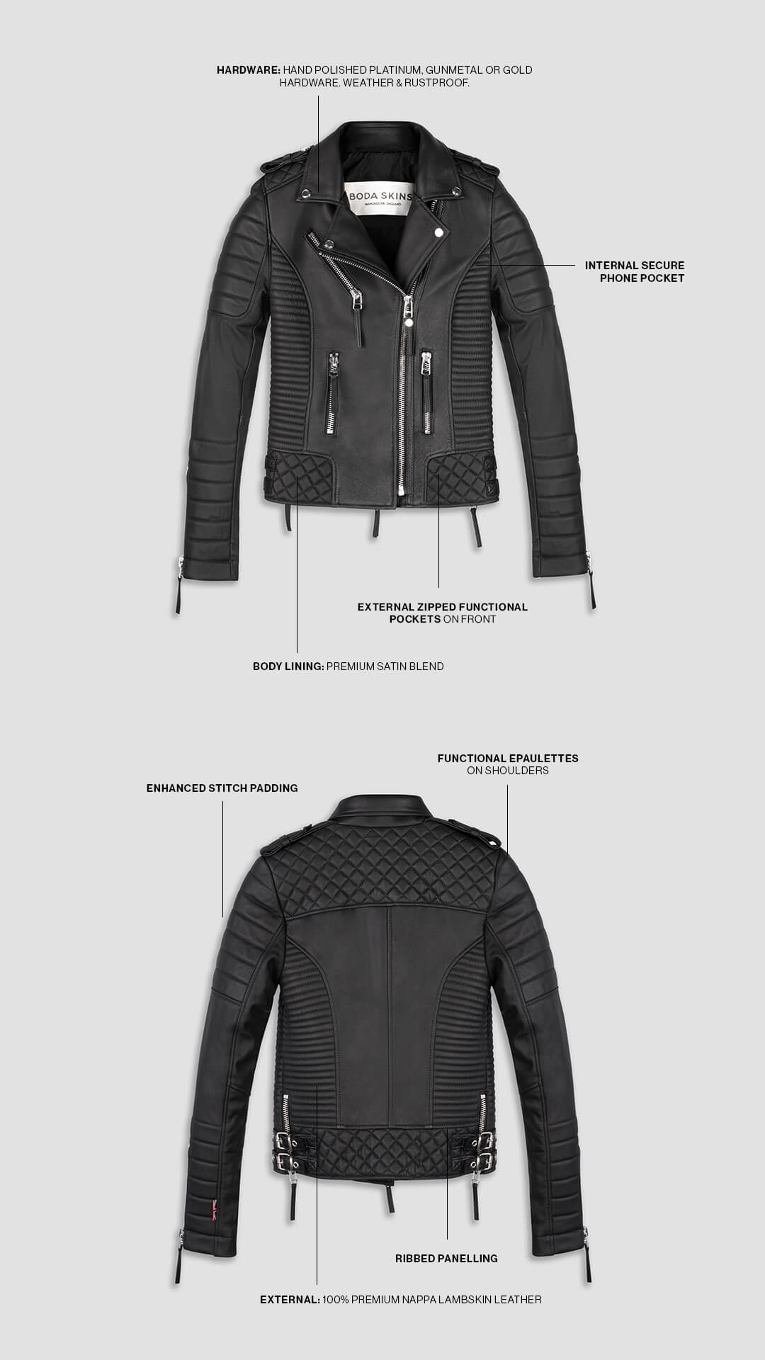 Women's Kay Michaels: Platinum Leather Jacket in Black | BODA SKINS