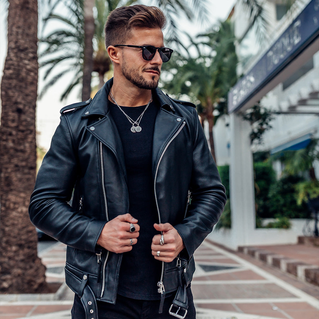 Men's Voyager Black Leather Biker Jacket | BODA SKINS