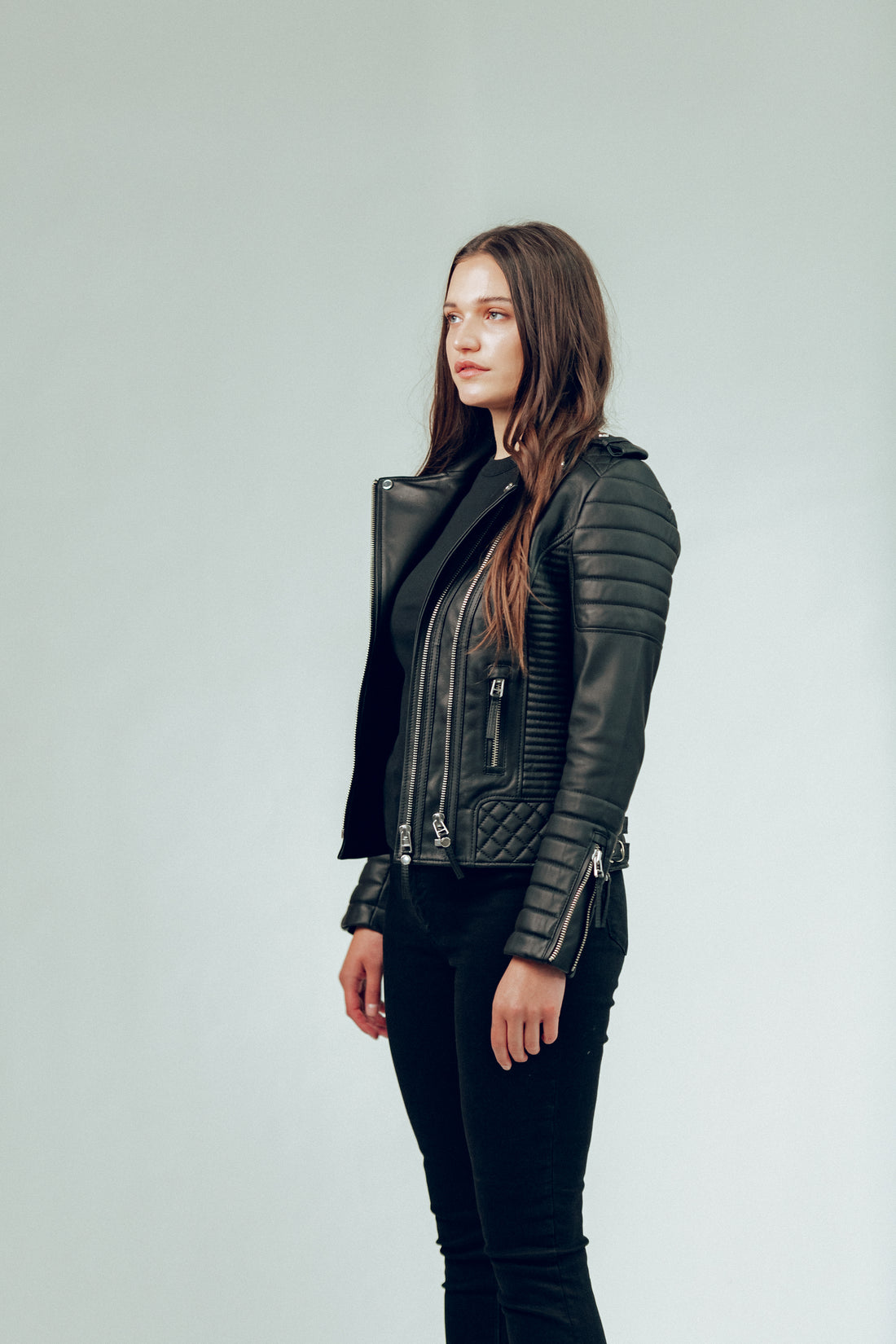 Women's Tall Kay Michaels: Platinum Leather Jacket in Black | BODA SKINS