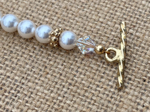 Textured Gold Sideways Cross Bracelet with Swarovski Crystals and Pearls
