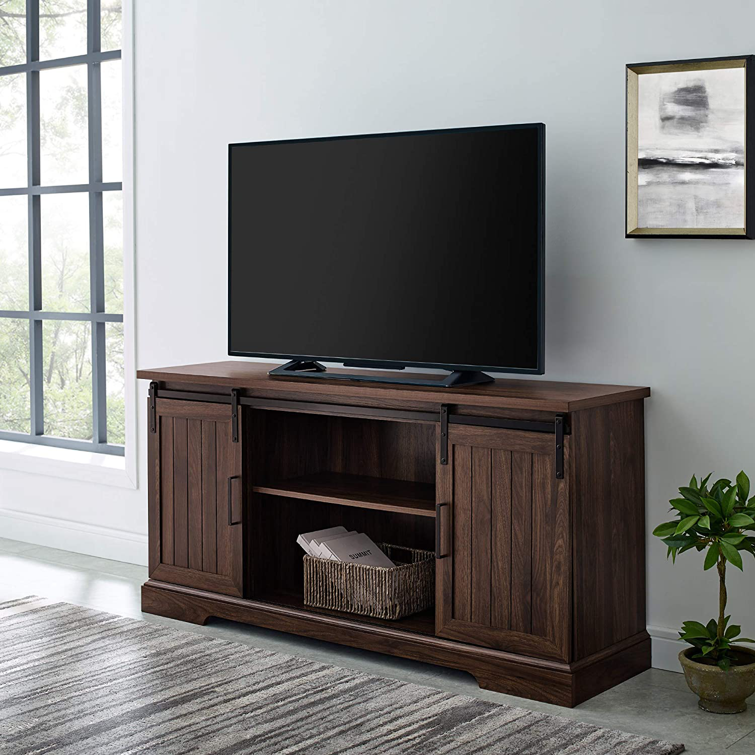 Dover Modern Farmhouse Sliding Grooved Door Storage TV Console , 58 ...