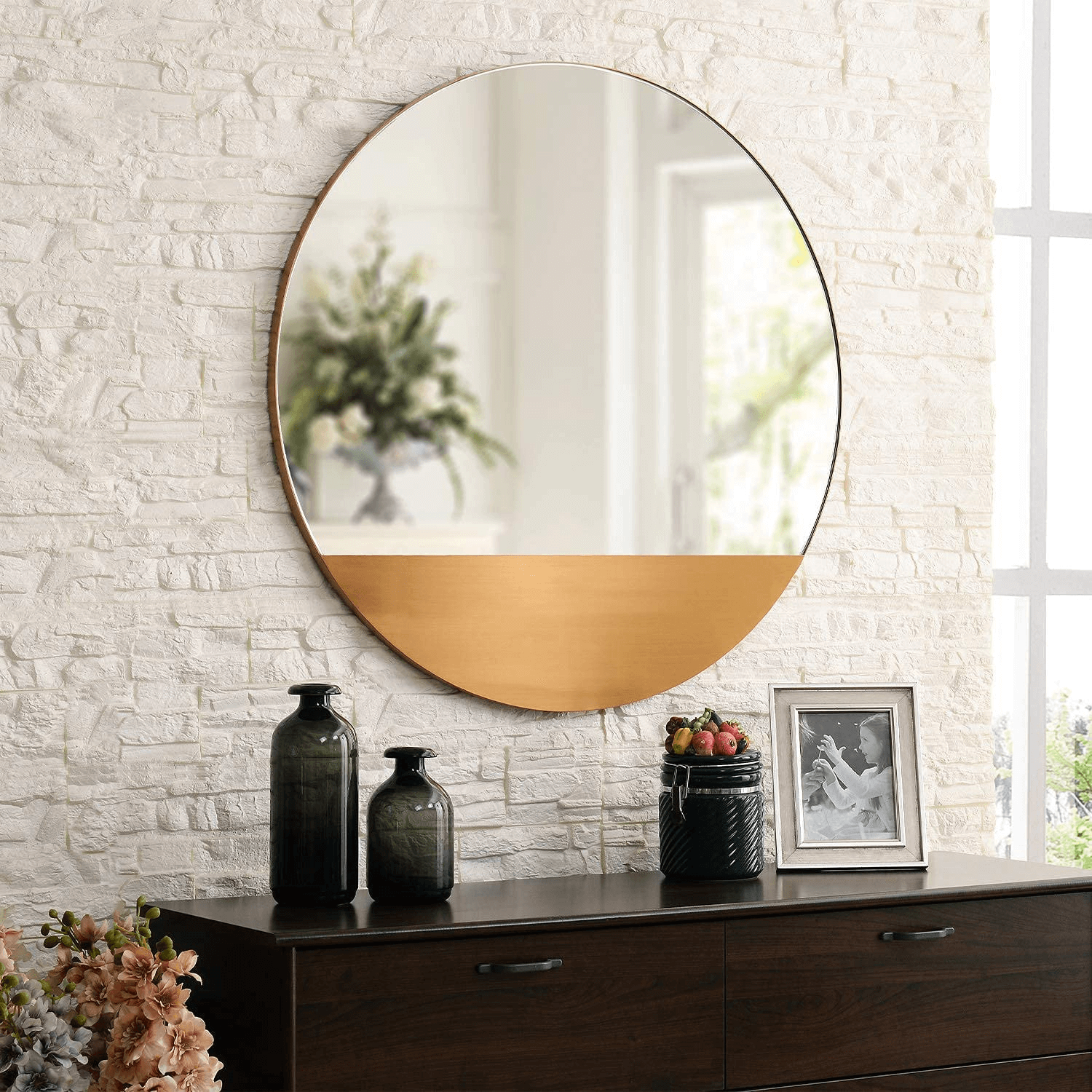 32 Inch round Decorative Wall Mirror Large Modern Brushed Brass Metal ...