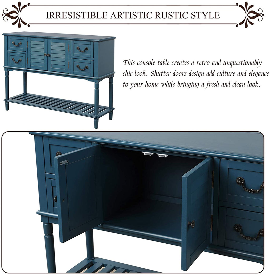 Dark Blue Console Table for Buffet Table w/ Shutter Doors & 4 Storage ...