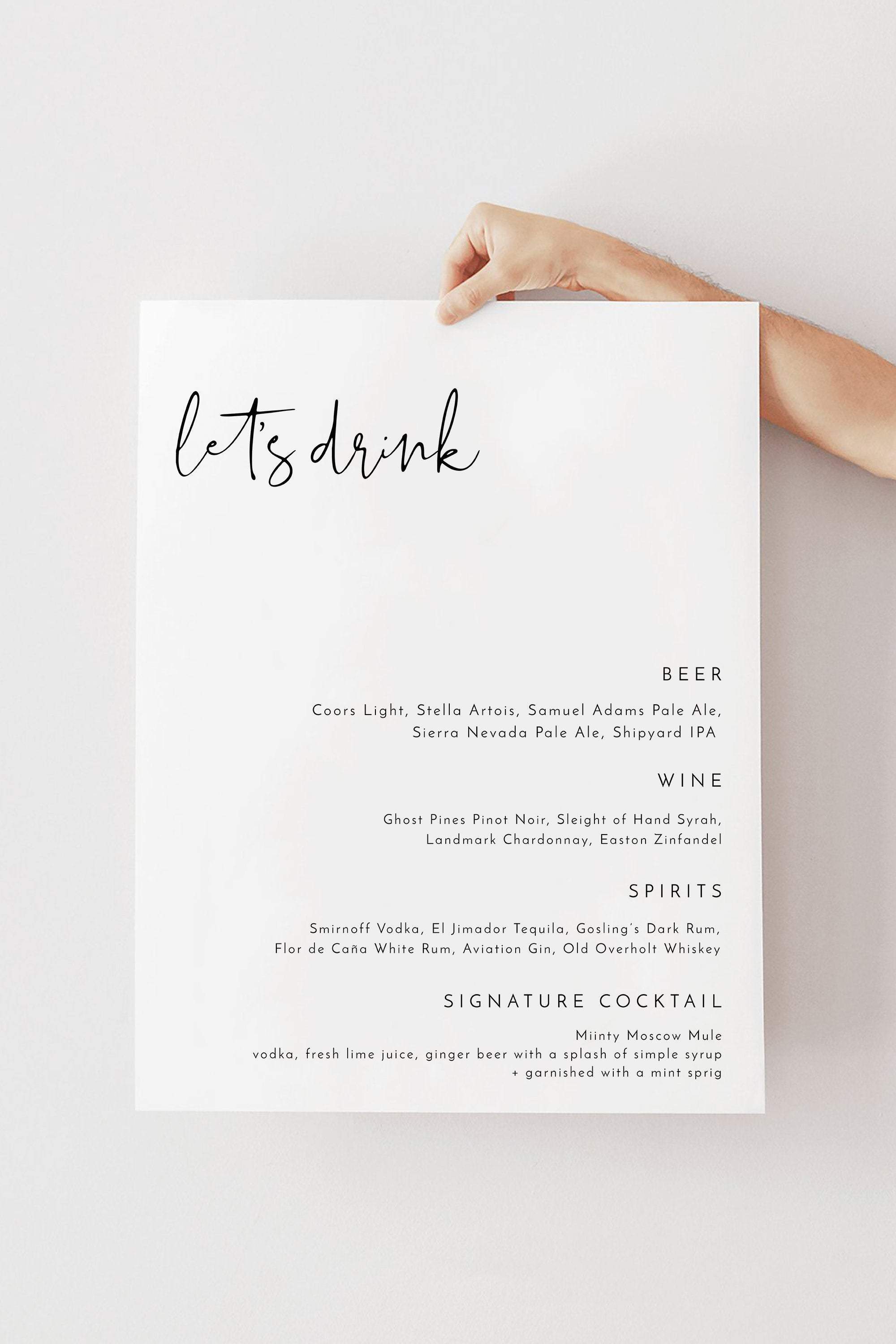 Wedding Drink Menu Template Free