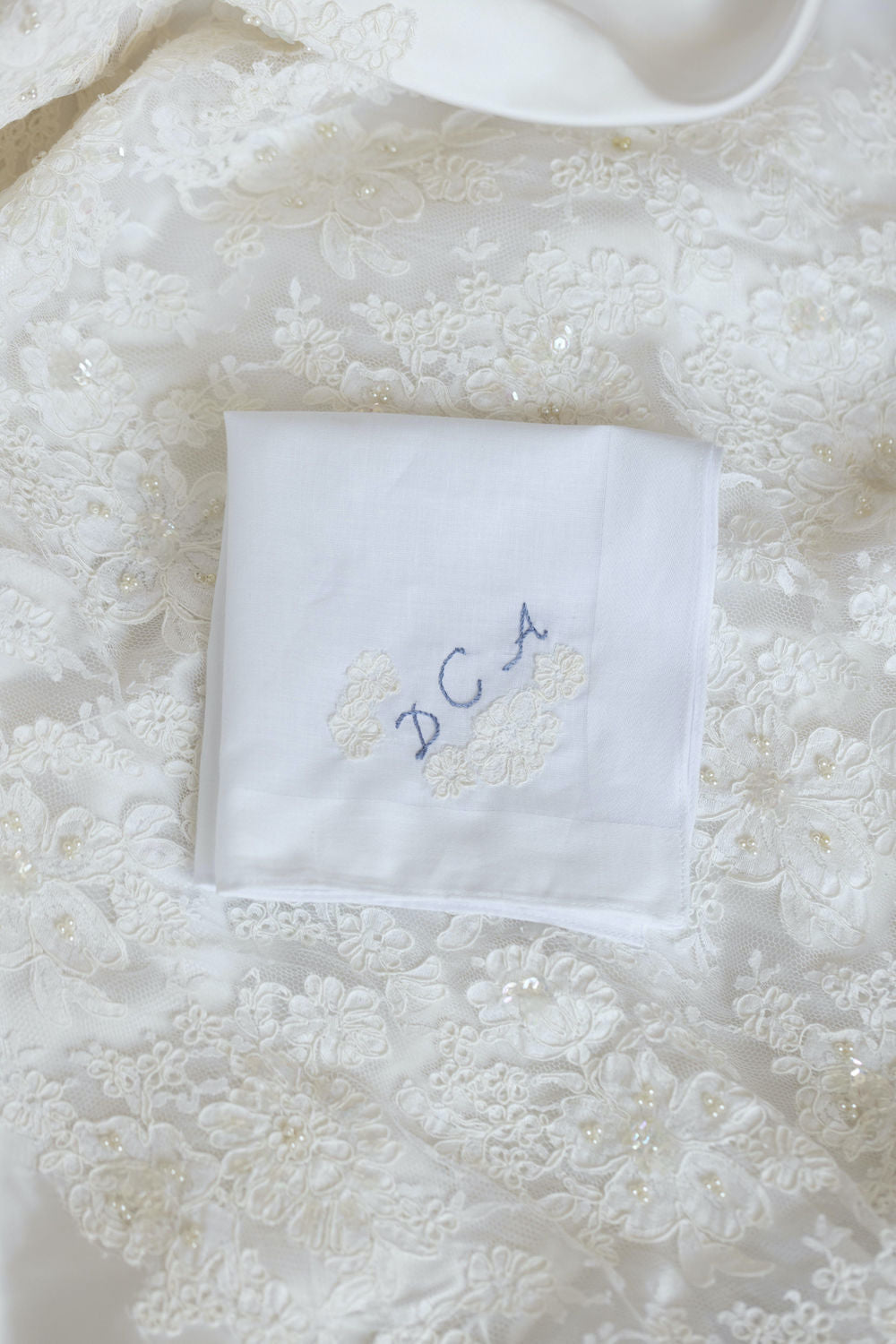 wedding handkerchief made from mother's wedding dress with embroidered monogram by expert heirloom designer The Garter Girl