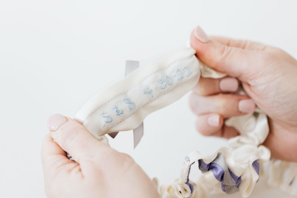 personalized wedding garter set with lavender and gray satin by expert bridal accessories designer, The Garter Girl