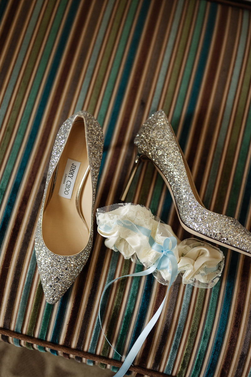 Sparkle Wedding Shoes and Ivory Bridal Garter by The Garter Girl