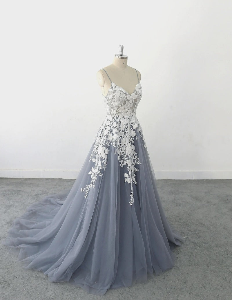 A Line Dusty Blue Tulle and Lace Wedding Dress