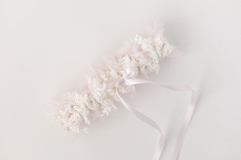 custom wedding garter ballet inspired with blush tulle and sparkle lace