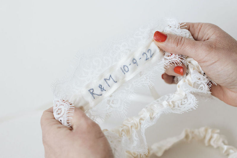 Beautiful Lace Wedding Garter Set Personalized with Hand Embroidery by The Garter Girl