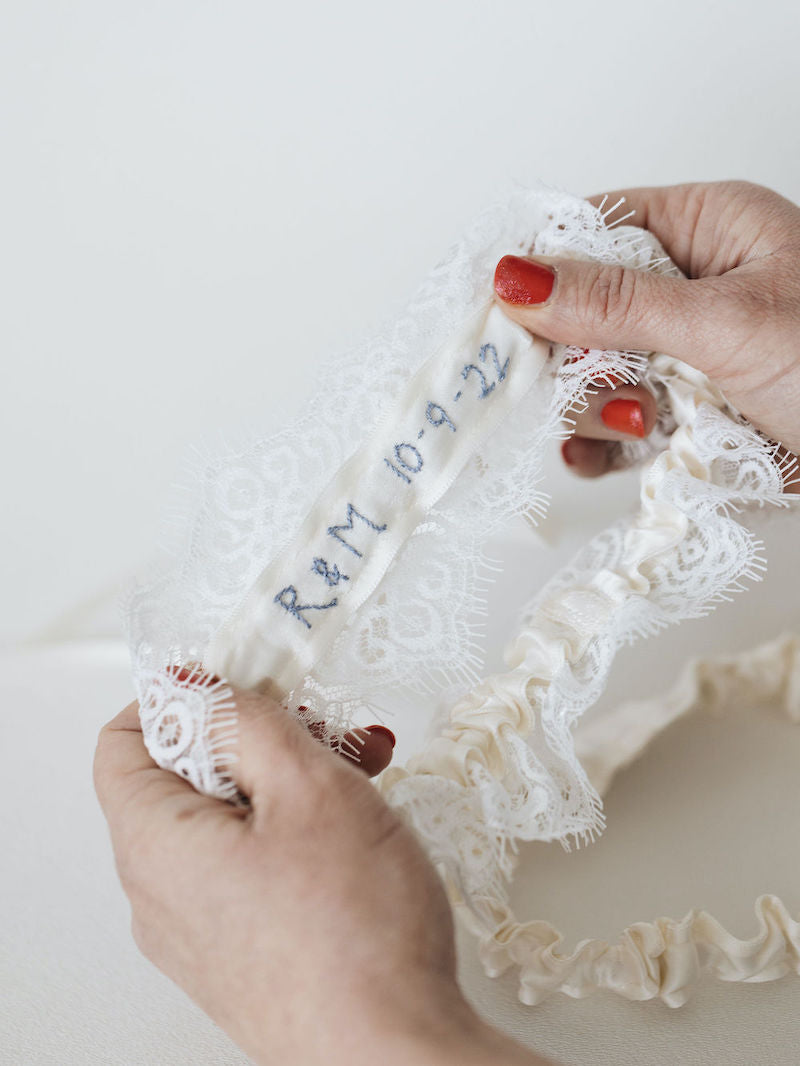 Beautiful Lace Wedding Garter Set Personalized with Hand Embroidery by The Garter Girl