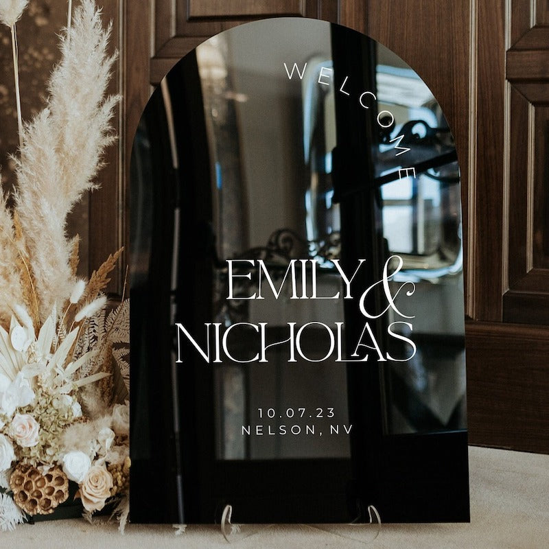 Black and White Arched Wedding Welcome Sign