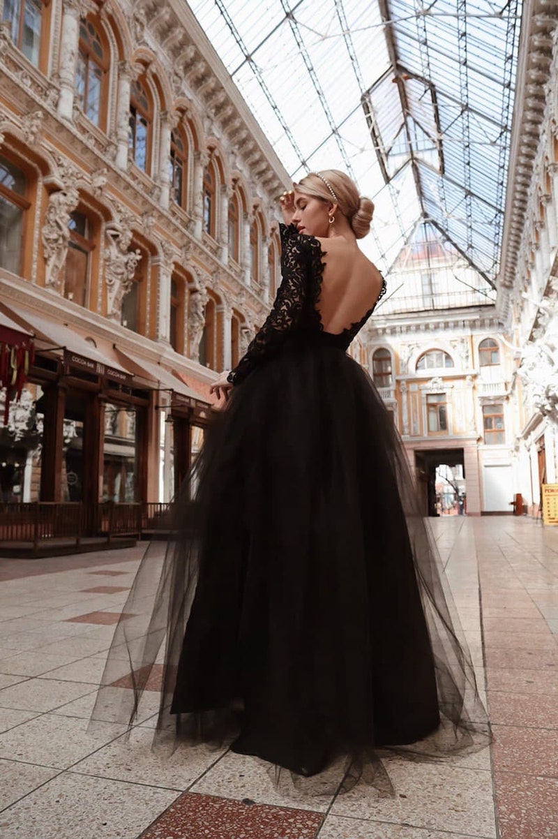 Black Lace and Tulle Wedding Dress