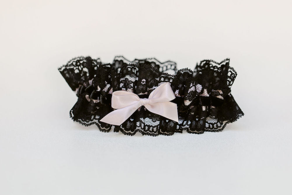 black lace and velvet wedding garter heirloom with blush handmade by The Garter Girl