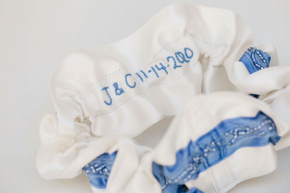 something blue beaded wedding garter set with personalized hand embroidery heirloom by The Garter Girl