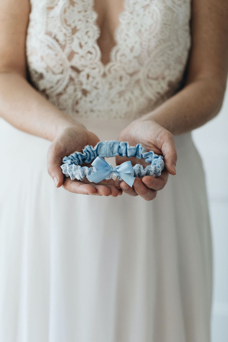Charmed light blue satin & lace wedding garter bridal accessory handmade by The Garter Girl