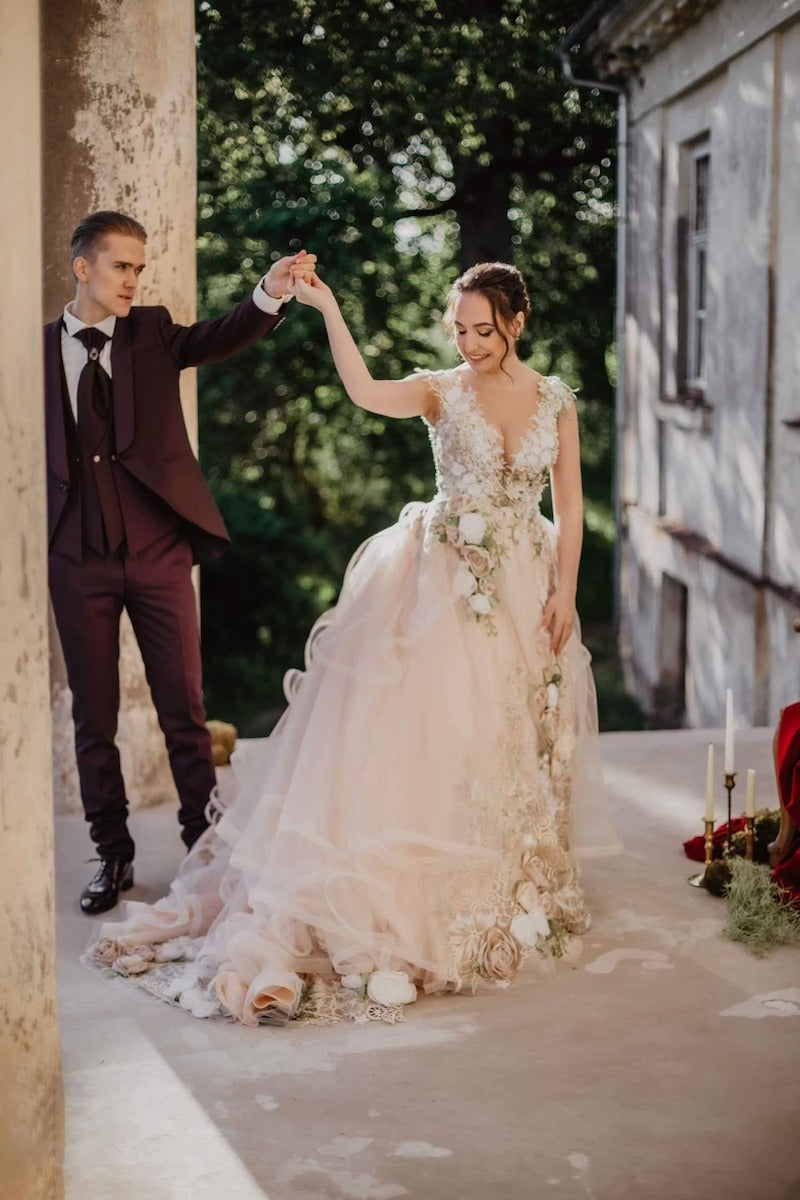 Blush and Flower Applique Wedding Dress