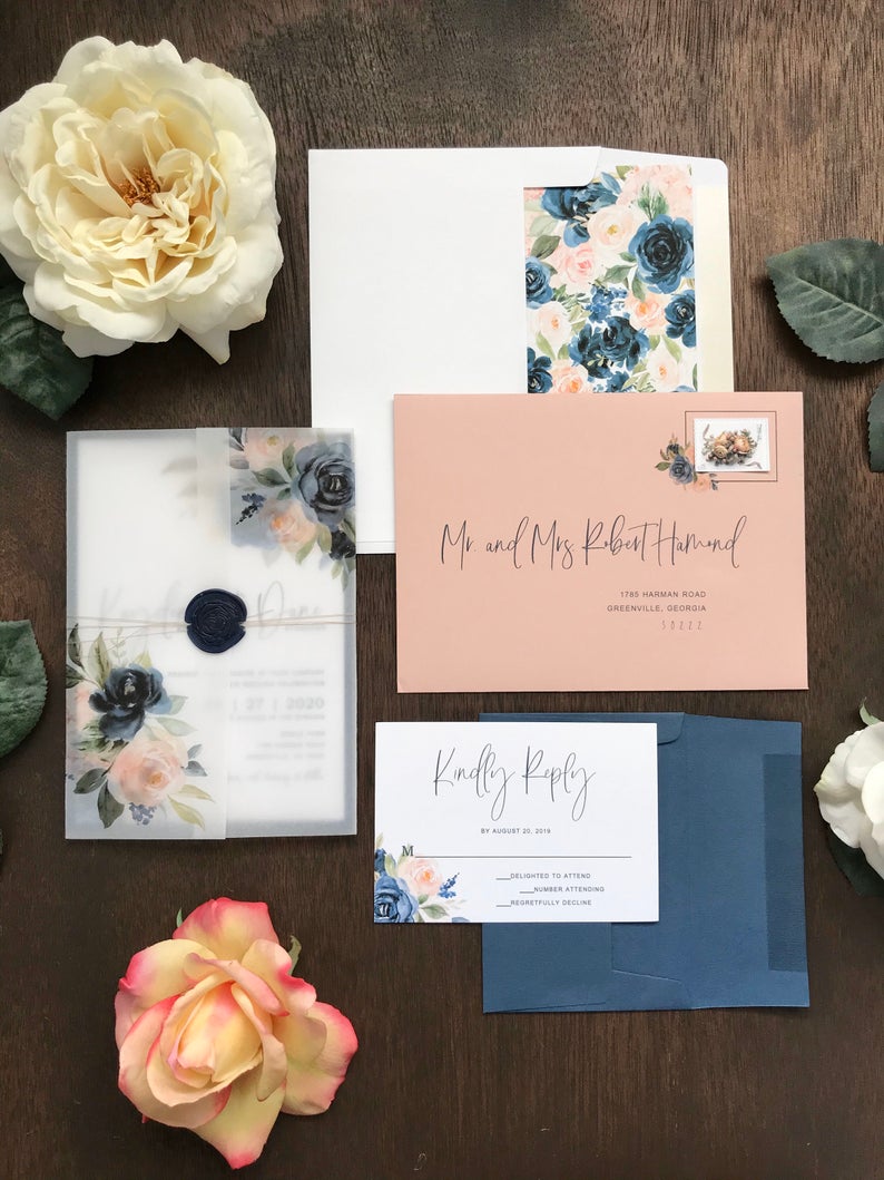 Blush and Navy Floral Spring Wedding Invitation Suite