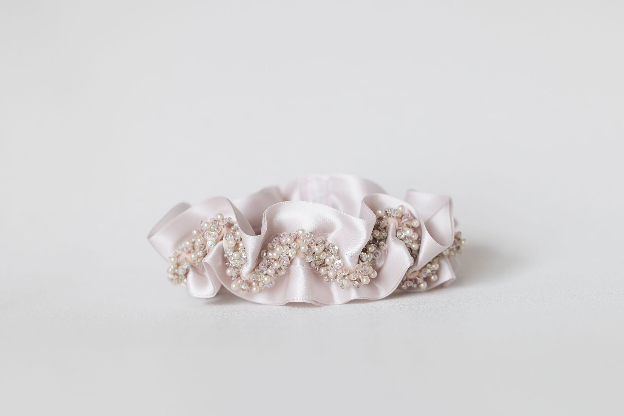 blush wedding garter heirloom with sparkle and beads handmade with personalized embroidery by The Garter Girl