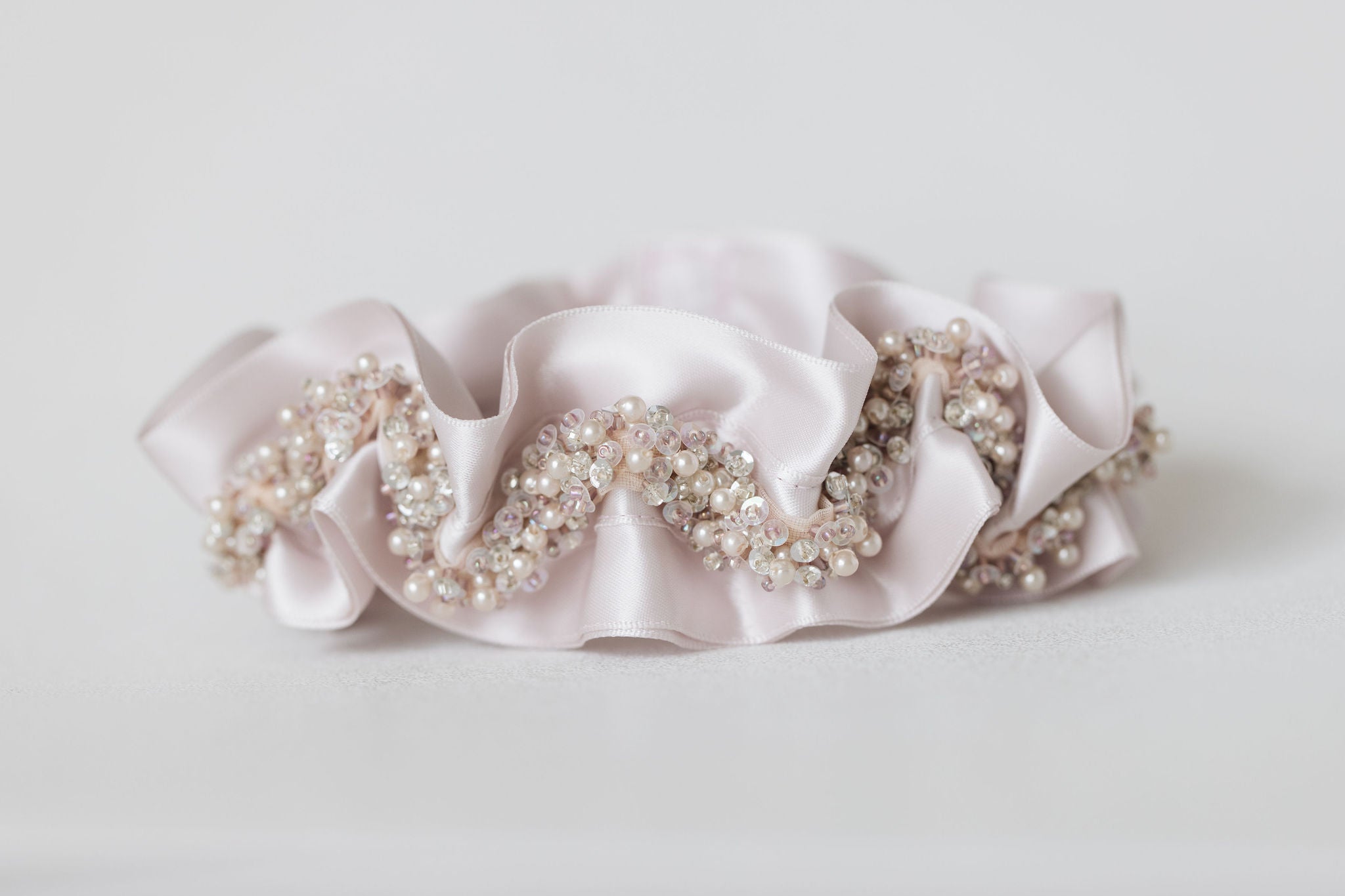 blush wedding garter heirloom with sparkle and beads handmade with personalized embroidery by The Garter Girl