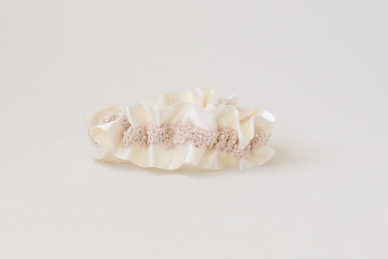 custom garter with blush floral lace with pearls