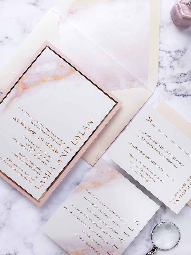 Blush Marble Modern Wedding Invitation Suite