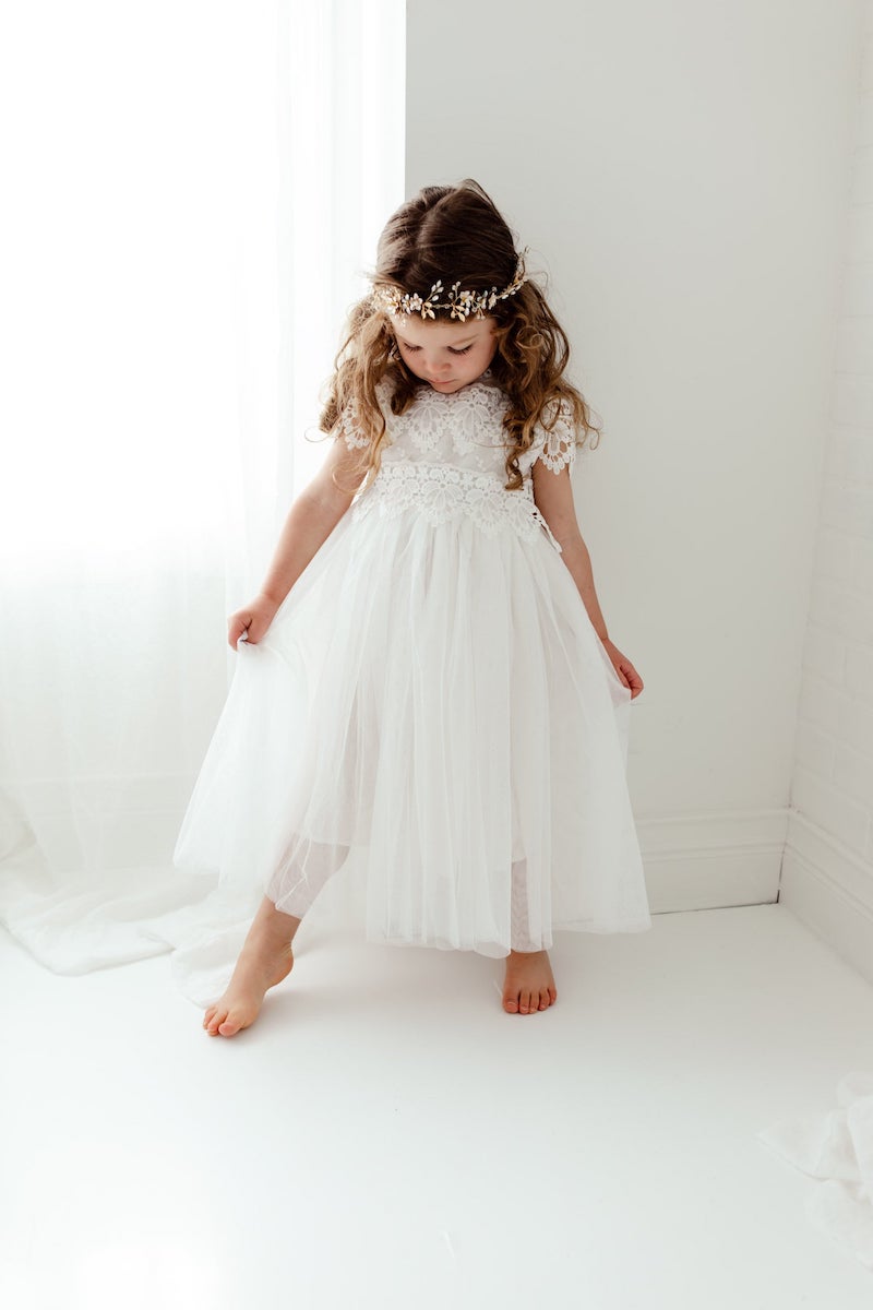 Boho Rustic Tulle and Lace Flower Girl Dress