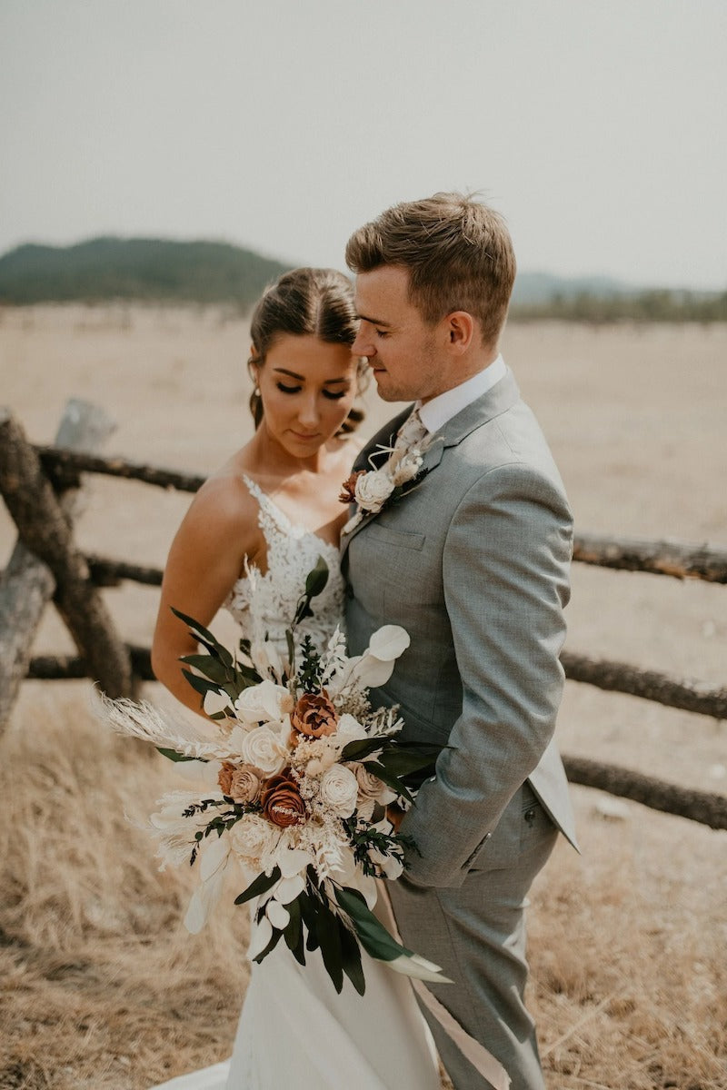 Boho Rustic Wood Preserved Floral and Pampas Bridal Bouquet