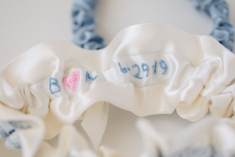 custom bridal garter set personalized with blue and lace