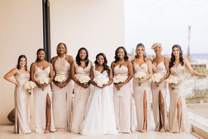 Bride and Bridesmaids Gold Dresses Simone Biles and Jonathan Owens Cabo Wedding